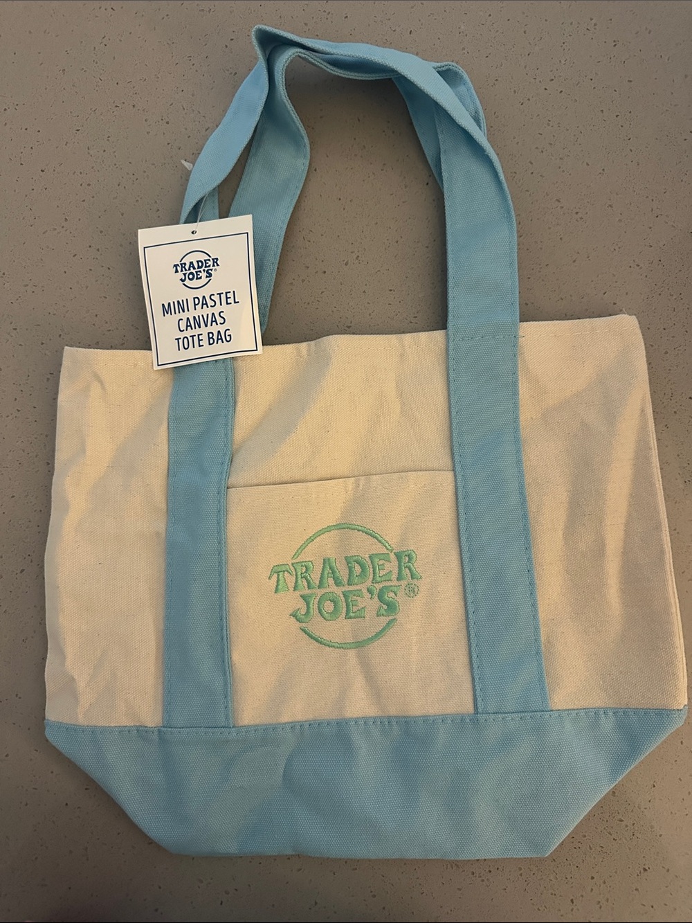 Trader Joe's Cream and Light Blue Canvas Tote Bag